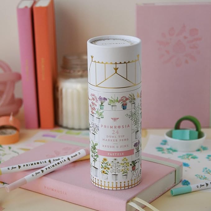 Primrosia 24 Pastel Dual Tip Markers, Fine Tip and Brush Pens. Perfect for art, illustration, drawing, calligraphy and bullet journals