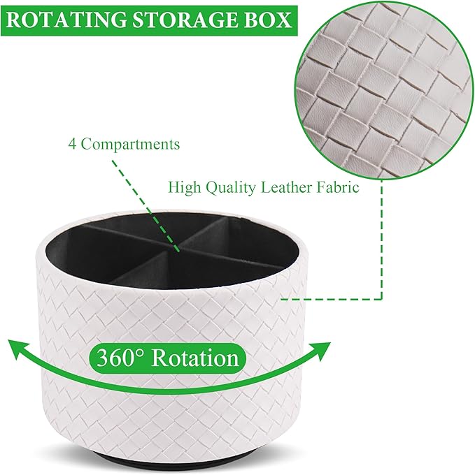 Hennaja Round Leather Art Supply Organizer,Remote Control Holder,360 Degree Spinning,Multi-Functional Pencil Holder,4 Compartments Desktop Stationary Organizer(1-Weave White)