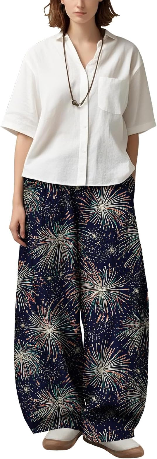 Zaswen Women's Oversize Loose Fit Breathable Pants Wide Leg Lounge Pants Fashion Casual Fireworks Print Trousers with Pockets