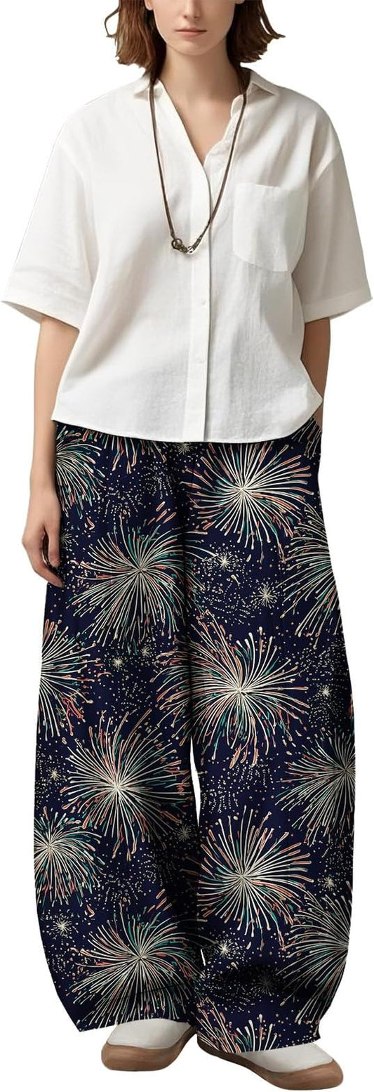 Zaswen Women's Oversize Loose Fit Breathable Pants Wide Leg Lounge Pants Fashion Casual Fireworks Print Trousers with Pockets