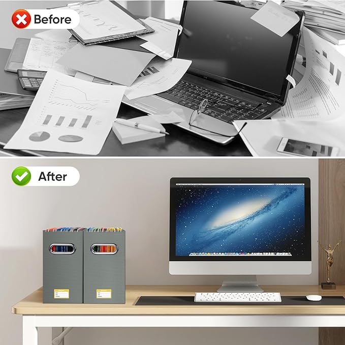 BALEINE File Organizer Box, Cardboard File Folder Organizer with Handle for Letter Size, Portable Collapsible Hanging Filing Box for Home Office Document Storage (4 Pack, Grey)