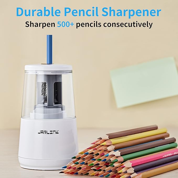 JARLINK Electric Pencil Sharpener, Heavy-Duty Helical Blade to Fast Sharpen, Auto Stop for No.2/Colored Pencils(6-8mm), AC Adapter/Battery Operated in School Classroom/Office/Home (White)