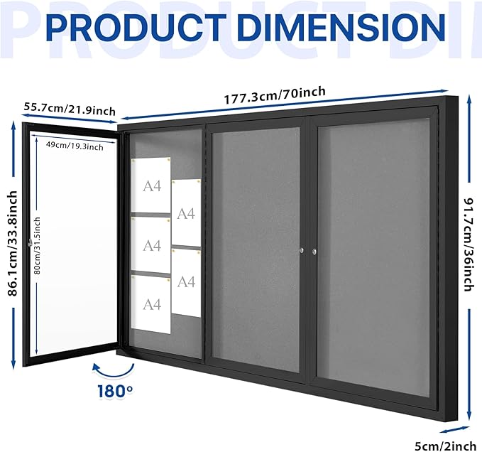 SWANCROWN Outdoor Bulletin Board 70x36in, Enclosed Bulletin Board with Locking Door for Office School Commerce, Grey Felt, Black Aluminum Frame