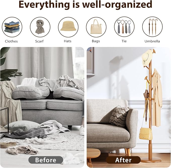 Solid Wood Coat Rack Freestanding Coat Tree with 10 Hooks for Bedroom, Livingroom, Entryway, Sturdy Coat Hanger Stand for Hats, Coats, Scarves, Handbags, Purses