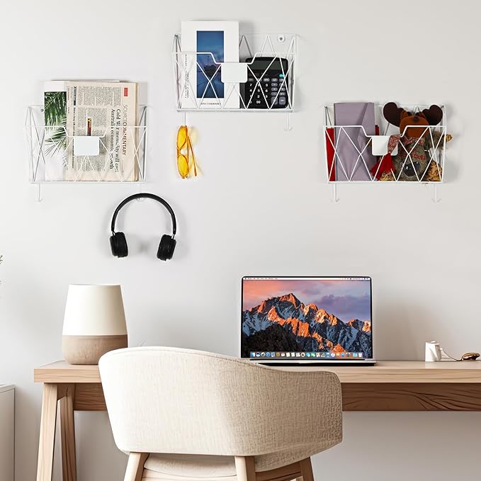 Wall File Holder 6 Pockets Hanging Wall File Organizer, for Papers, Files Clipboard & Magazine Organizer, Wall Mount File Holder Rack for Office Home, White