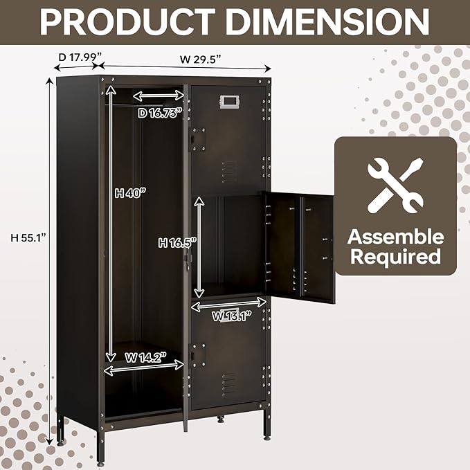 MIIIKO Steel Wardrobe Cabinet Locker, Rustic Metal Storage Cabinet with Shelf, Lockable Doors and Hanging Rod, Industrial Locker for Living Room, Bedroom, Home Office and Club