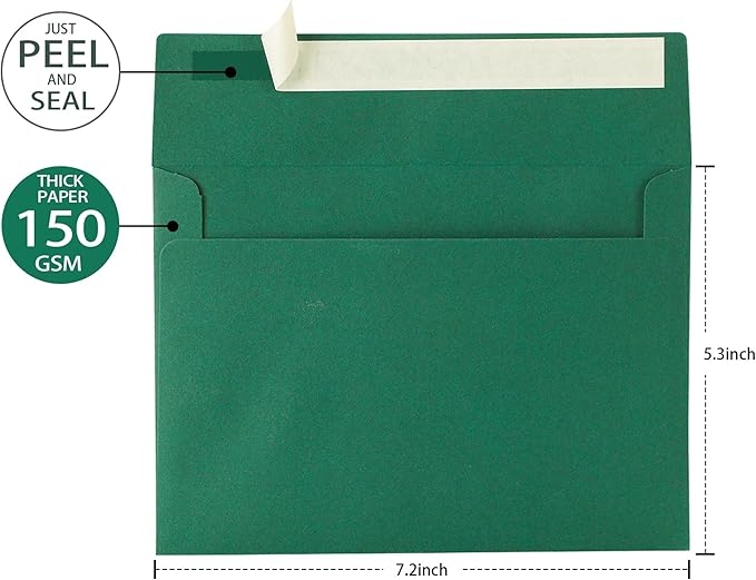 Green Envelopes, 50 Pack, 5 x 7 Inch, A7, Dark Green, 120gsm Paper for Invitations, Wedding, Birthday, Personalize Gift, Postcard