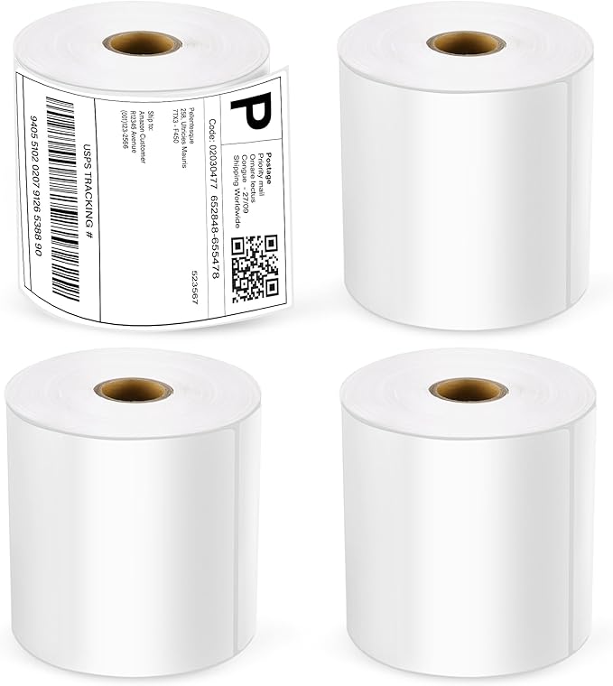 LotFancy 4x6 Thermal Labels, 1000 Shipping Labels, 4 Rolls-250 Labels per Roll, Perforated White Mailing Postage Label for Rollo, Zebra (NOT for DYMO)