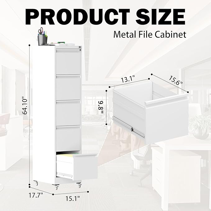 5 Drawers Filing Cabient with Wheel, File Cabinet with Lock, Steel Vertical Filing Storage Cabinet for Office, Heavy-Duty File Cabinets for Letters/Legal/A4 (Require Assembly, White)