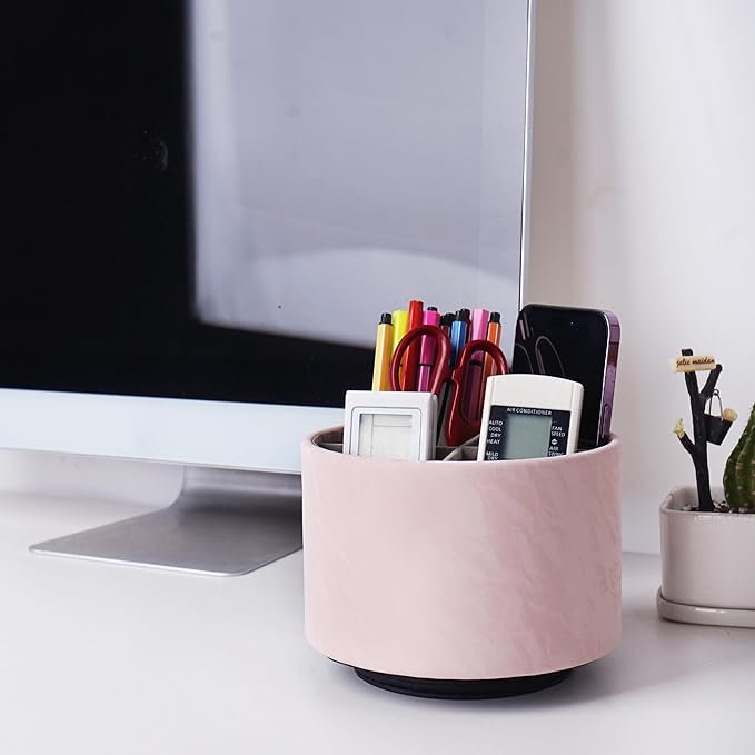 Hennaja Round Leather Art Supply Organizer,Remote Control Holder,360 Degree Spinning,Multi-Functional Pencil Holder,4 Compartments Desktop Stationary Organizer(1-Hill Pink)