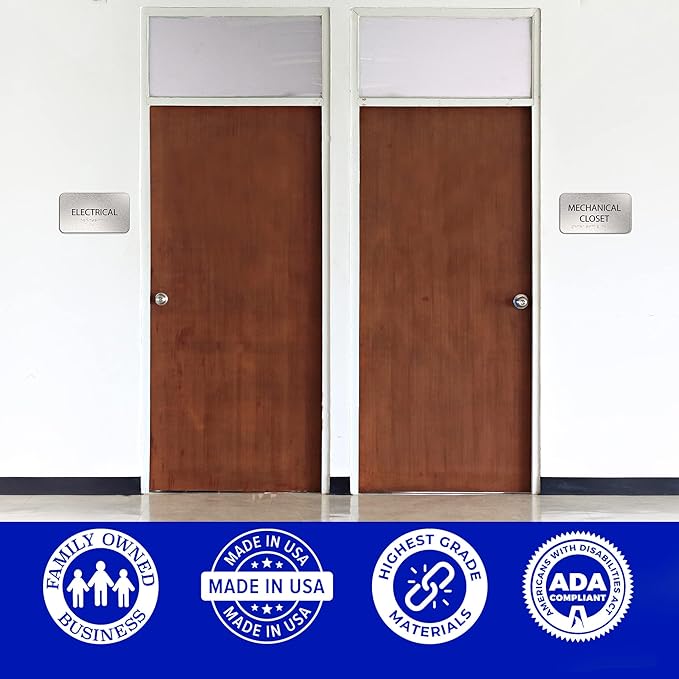 ADASigns Mechanical Closet Sign 7" W x 4" H - Durable Brushed Aluminum with Grade 2 Braille - Easy Installation with Strong Double-Sided Tape - ADA Compliant Office Door Signs for Businesses & Offices