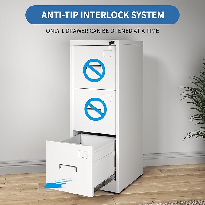 3 Drawer File Cabinets with Lock, White Vertical Filing Cabinet for Home Office, Heavy Duty Metal Storage Cabinets Office Steel Cabinet for Letter Legal Size Files, Assembly Required