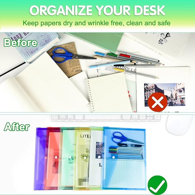 NACHLYNN 108 Pack Plastic Envelopes Poly Envelopes with Snap Closure A4 Size Clear Document File Folders Organizers Assorted Color File for School Office Supplies