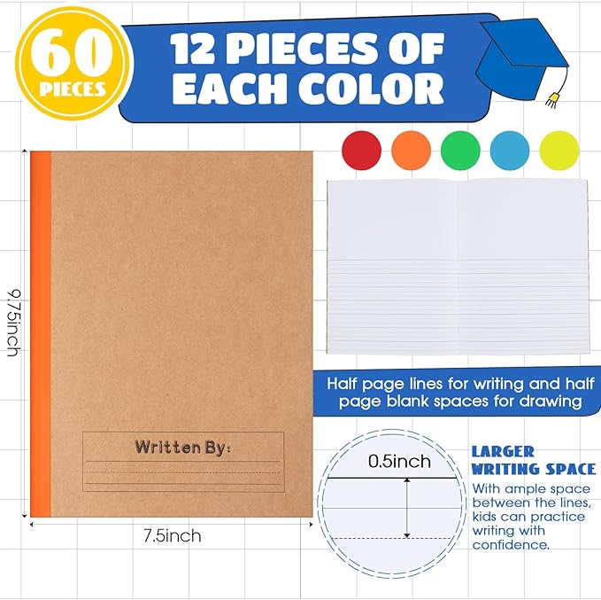 Henoyso 60 Pcs Primary Composition Notebook for Kids 9.75 x 7.5 Inch K-2 Primary Writing Journal with Rainbow Spine 60 Pages Draw and White Journal for Student Back to School Supplies