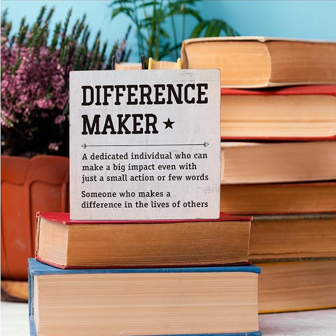 HTBIG Difference Maker Thank You Gifts Office Decor Funny Inspirational Desk Decor Coworker Gifts for Women Men Teacher Boss Day Retirement Rustic Wooden Box Sign for Tabletop Office Bookshelf White