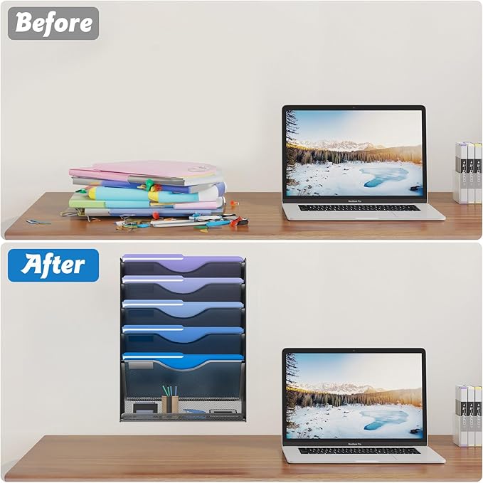 6 Tier Hanging File Organizer, Mesh Wall File Holder Paper Folder Rack with Bottom Flat Tray for Office Home, Black