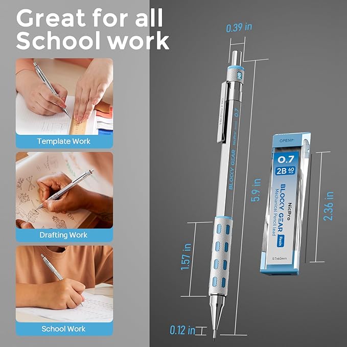 Nicpro 4 Pack Blocky Gear 0.3, 0.5, 0.7, 0.9 mm Metal Mechanical Pencils Set with Case, Lead Drafting Pencil with 8 Tube Lead Refills(HB 2B), Erasers, Eraser Refills for Art Writing Sketching Drawing