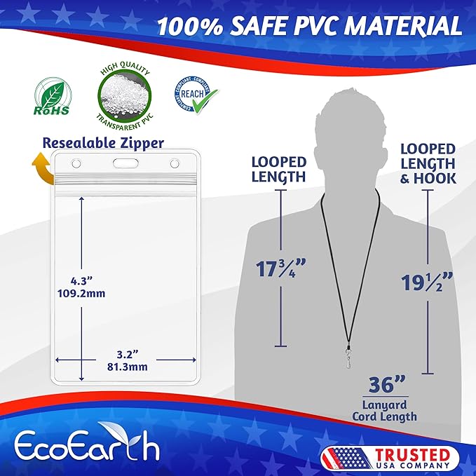 EcoEarth - 3x4 Vertical ID Badge Holder with Lanyard - Premium 50 PK, Black - Bulk Name Badge Holder and Lanyards Set - Clear Card Identification Tag Set