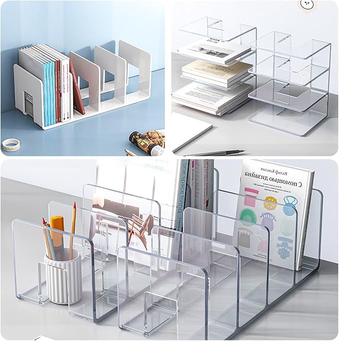 2PCS Acrylic File Organizer for Desk, Desktop Document/Mail Organizer, 4 Compartments Plastics Invisible Bookshelf Floating (12.5" x 5.7" x 5", Black)