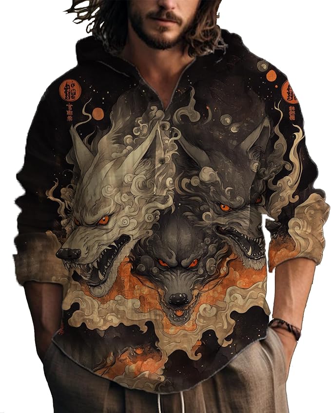 MARSVOVO Hooded Long Sleeve Shirt Men Fashion Graphic Button Up Lightweight Big and Tall Casual Vacation Shirts for Men