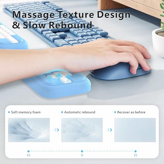 MEKASS Keyboard Wrist Rest, Ergonomic Wrist Pad, Soft Memory Foam Keyboard Hand Rest with Non-Slip Base, Easy Typing, Pain Relief, Comfort Support for Office Work Gaming Accessories (Blue White)