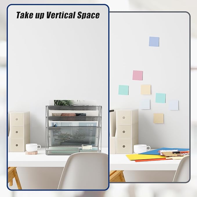 EASEPRES Desk File Organizer Mesh 4-Tier, Hanging Wall Mount Document Organization Stand, Desktop Vertical Mail Paper Folder Holder Rack with Bottom Tray for Office Home Cubicle Countertop, Gray