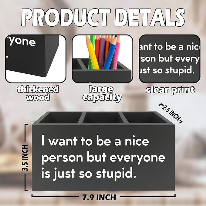 Funny Pen Pencil Holder Organizer for Desk, Sarcastic Gifts for Women Men Coworkers, Office Humor Gifts, Funny Wooden Box Sign for Home Office Desk Tabletop Decorations