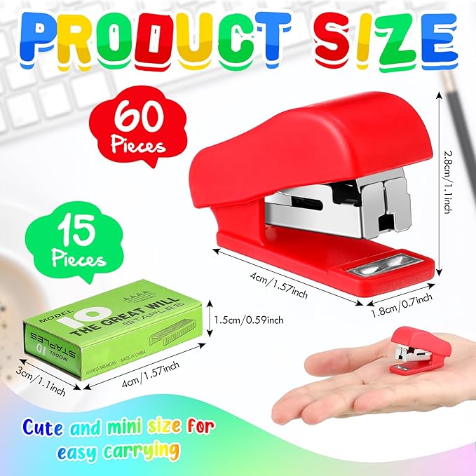 Fainne Mini Stapler with Staples, Portable Multicolor Small Stapler, Hand Held Desk Staplers, Cute Office Supply Set for Office College, 4 Colors (Classic Color,60 Pcs)