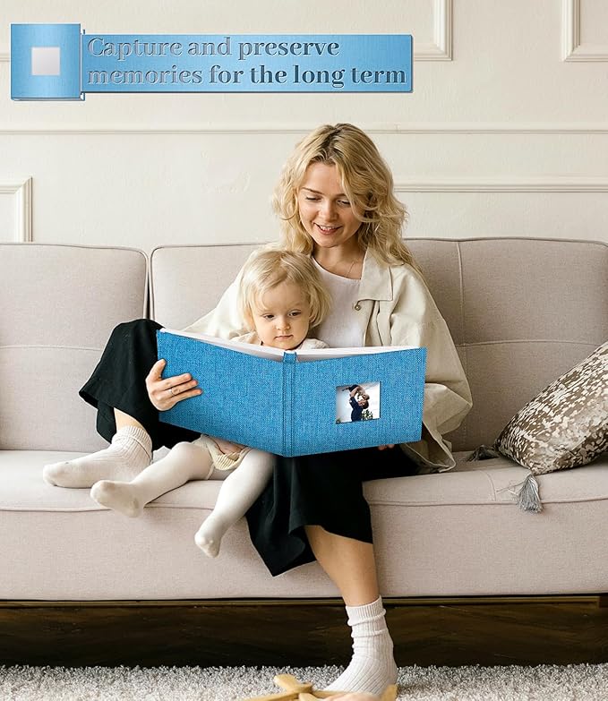 Photo Album Self Adhesive Scrapbook Album for 3x5 4x6 5x7 8x10 Pictures,40 Pages Linen Cover with Display Window DIY Photo Book,Ideal Gifts for Family Travel Wedding Baby