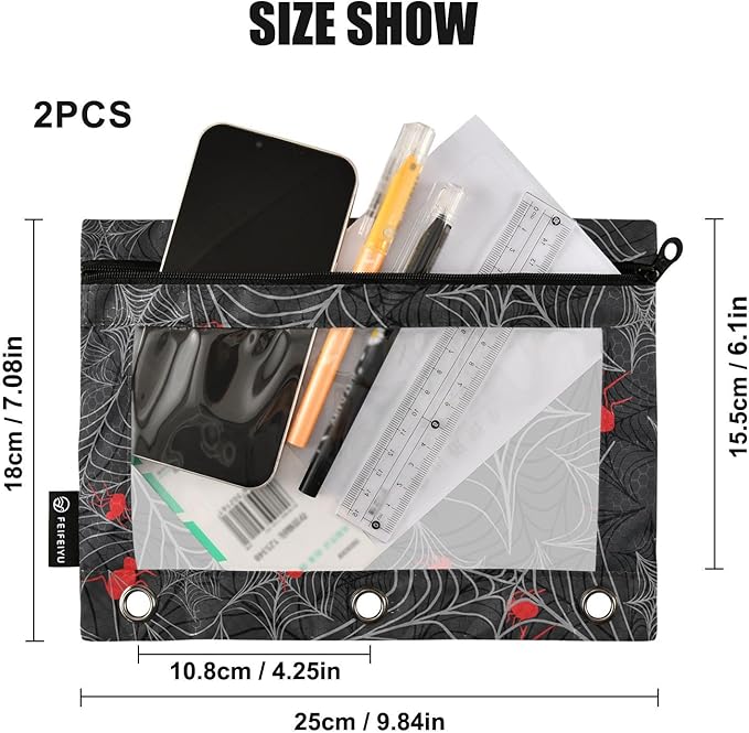 ZAZYXTJ Goth Spider Web Binder Pencil Pouchs 3 Ring with Zipper Clear Window Office Organizers bag for School Students Teacher Supplies 2 Pack