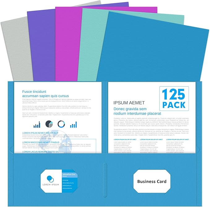 Two Pocket Folders, PANDRI 125 Pack 2 Pocket Folders, Letter Size Paper File Folder for School Office Home Business, Assorted 5 Colors