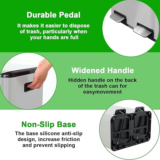 PayLessHere Trash Can, 16 Gallon (2x8G) 60 Liter Rectangular Trash Cans Stainless Steel Step Trash Can with Inner Buckets and Hinged Lids, Suitable for Kitchen Office Home Use,Silver