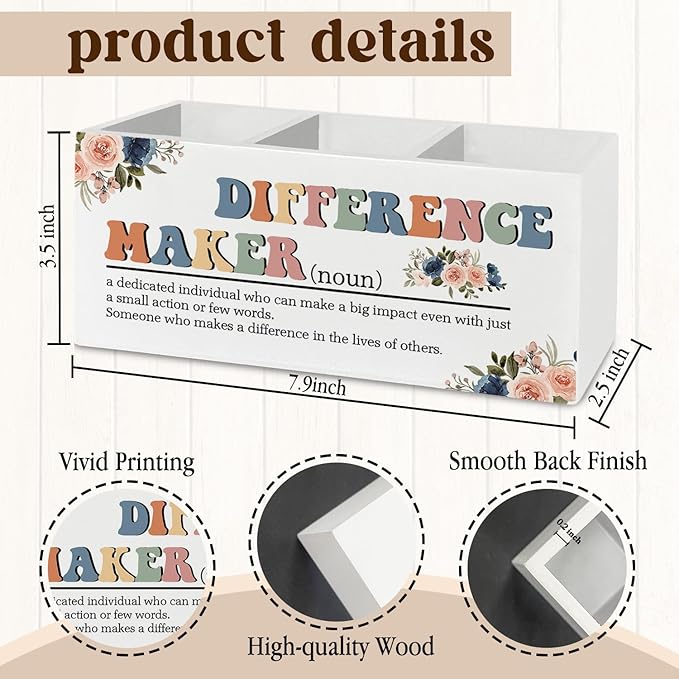 Difference Maker Gift, Office Decor for Women, Pen Pencil Holder Organizer for Desk Accessories, Appreciation Thank You Gifts for Teachers Boss Leader Coworkers Wooden Box Sign