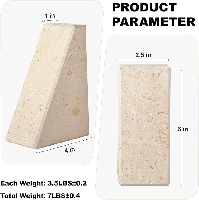 Marble Bookends for Heavy Books, Decorative Book Ends for Shelves, Beige Stone Durable and Heavy-Duty Book Ends for Hardback Books & CDS, Unique Book Stopper & Holder, Set of 2