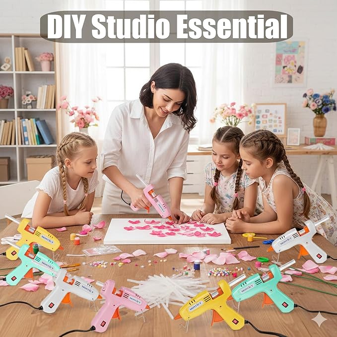 MONVICT 8 Pack 30W Hot Glue Gun Set with 50 Glue Sticks 2 Each of Pink/White/Lake Blue/Yellow - Easy to Use for DIY Crafts, Arts, Class Projects, School, Home Repairs - High Temp Mini Glue Guns