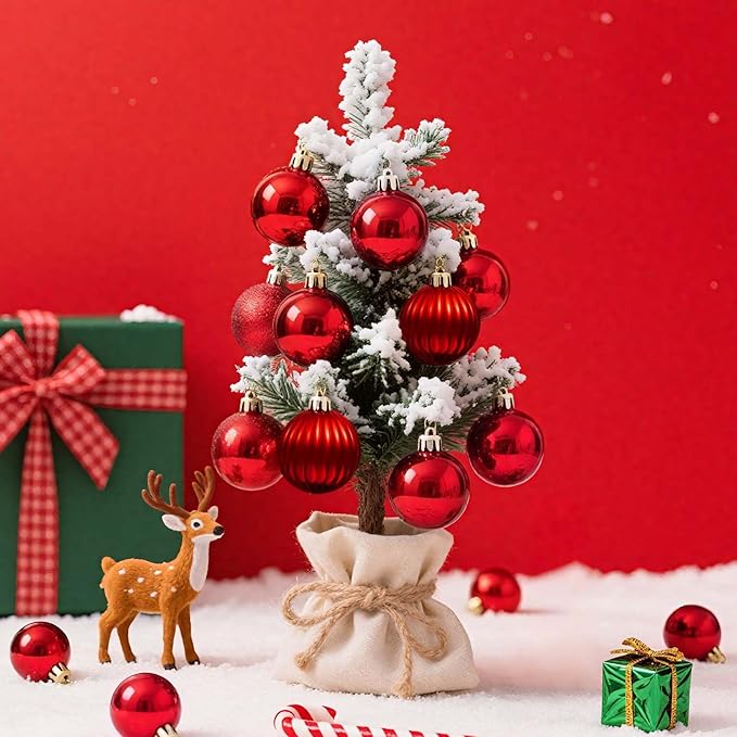 Set of 24 Small Red Christmas Ornaments Balls for Christmas Tree, 1.2 inch Mini Red Ornaments for Mini Tree, Tiny Plastic Shatterproof Hanging Bulbs Xmas Valentine Party Indoor Outdoor Decorations