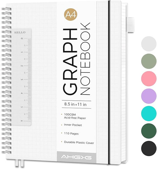 AHGXG Graph Paper Notebook - Spiral Notebook 8.5" x 11", A4 Large Graph Notebook, 100 gsm Thick Grid Paper, Waterproof Plastic Cover Journals for School Writing Engineering Math, Transparent