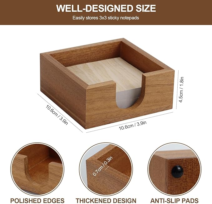Buqoo Sticky Note Holder, Sapelli Wood Self Stick Note Pad Holders, 4x4 Cube Paper Holder Desk Organizer Suitable for School Home Office Desk Accessories Supplies and Office Desk Decor
