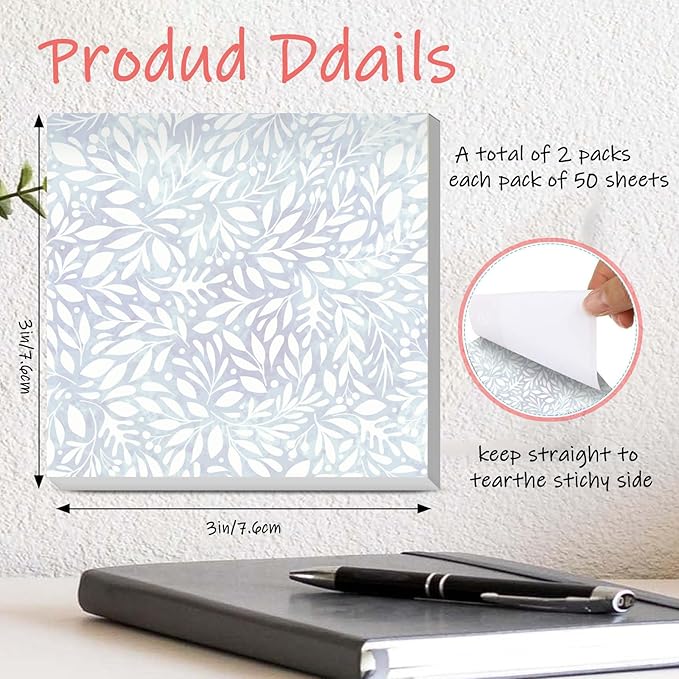 Sticky Notes 3x3 Inches, 2 Pads Cute Colorful Self-Stick Note Pads, Easy to Post for Home, Office and Daily Life Organization Luxuious Blue Leaf