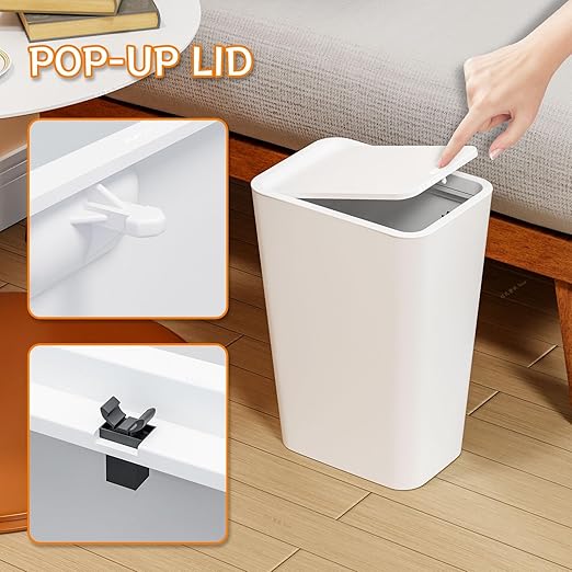 Yieach 12L White Slim Bathroom Trash Can with Lid,3.17 Gallon Pet/Dog Proof Kitchen Trash Can,Rectangle Thin Garbage Can,Covered Waste Basket,Narrow Small Plastic Trashcan for Room,Bedroom,Office,1PCS