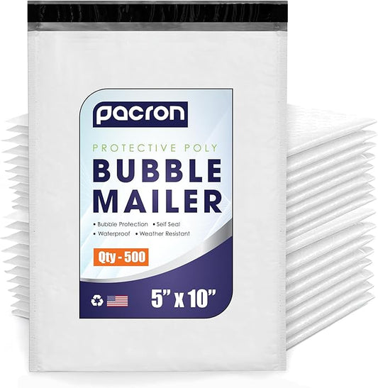 500-Pack Waterproof Poly Bubble Mailers 5 x10 - Thick, Durable, Instant Seal Envelopes with Strong Adhesive - Protective Shipping Mailers for Jewelry, Cosmetics, SD Cards, USB Cables