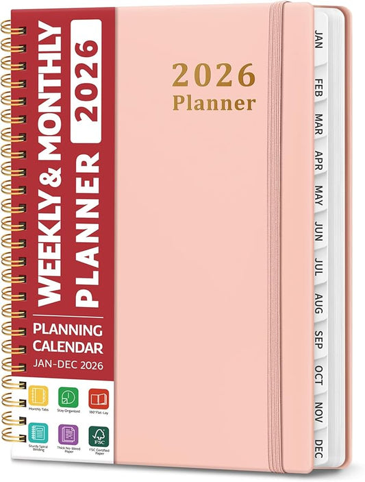 2026 Planner, Weekly and Monthly Calendar Planner, January 2026 - December 2026, Hardcover 2026 Calendar Planner Book with Tabs For Women & Men, Inner Pocket, Spiral Bound, Perfect for Office Home School Supplies - A5 (6.3" x 8.5"), Pink