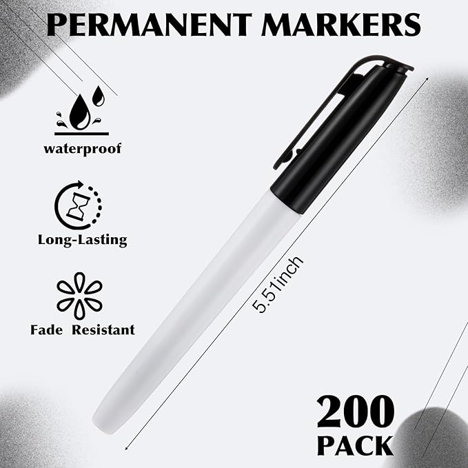 200 Pack 0.4mm Ultra Fine Point Permanent Marker Bulk, Fine Tip Permanent Markers Set, Quick Dry, Waterproof, Durable, Works on Paper, Glass, Ceramic, Plastic, Wood, Rock, Metal (Black)