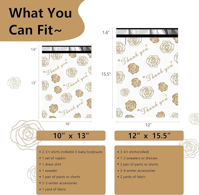 Thank You Poly Mailers 12x15.5 Inch 50 Pcs - Gold Rose Printed Shipping Bags for Clothing - Waterproof and Tear Resistant Mailing Envelopes - Self-Sealing Packaging Bags for Small Business