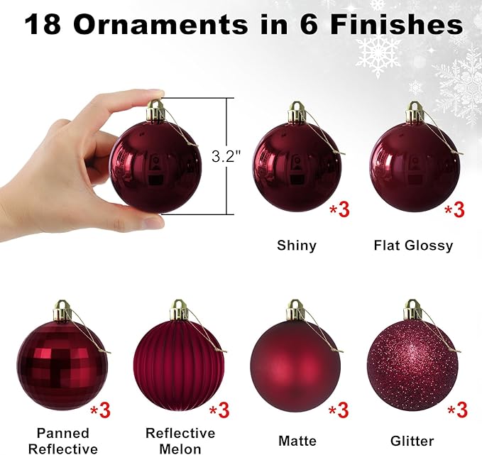 Maroon 3.2" Large Christmas Balls - Christmas Tree Decoration Ornaments Shatterproof Hanging Balls for Birthday Halloween Holiday Wedding Decorations Set of 18pcs