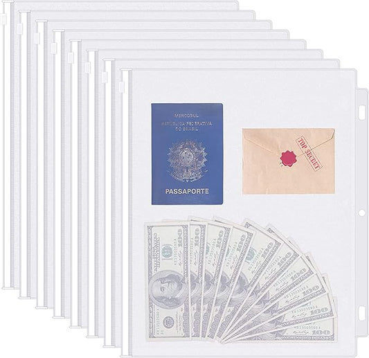 Antner 8 Pack Clear Letter Size Binder Pockets 3 Ring Binder Zipper Pouch Document Organizer, Waterproof PVC 3-Hole Loose Leaf File Bags Insert Sleeves Page Sheet Protectors Business Office Supplies