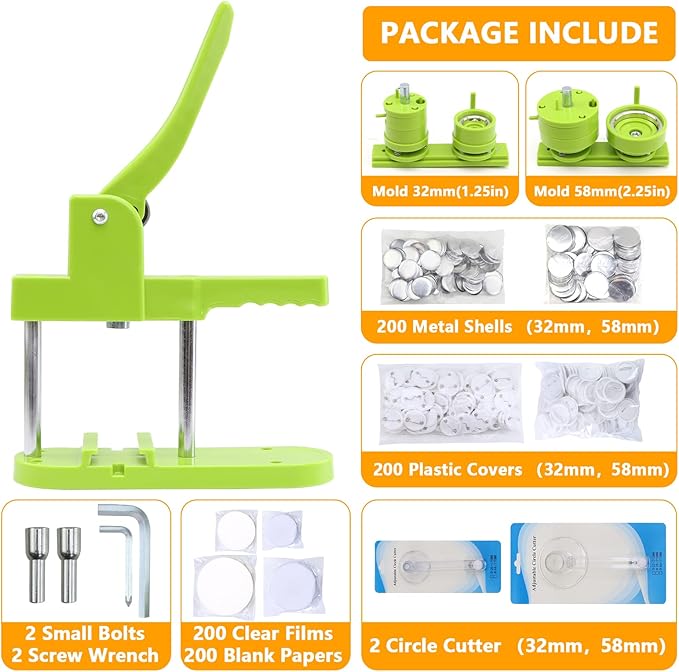 Button Maker Machine - Multiple Sizes 1.25in+2.25in, Kit for DIY Gifts, Button Press Machine with Free 200PCS 32-58mm Supplies & 2 Circle Cutter