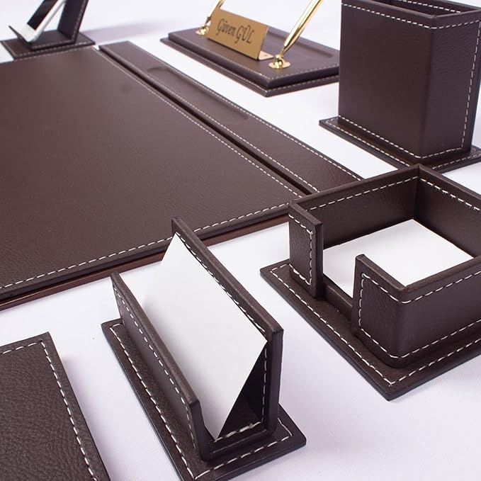 MOOGCO Leather Desk Set-Desk Office Accessories-Office Organizer- Home Office Accessories - Desk Supplies - Desk Storage Organizer -Desk Pad-Storage-12 Pieces -12 PCS(BROWN)
