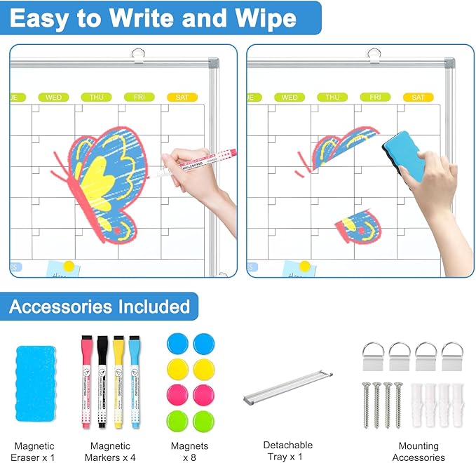 Dry Erase Calendar Whiteboard for Wall, WALGLASS 36" x 24" Magnetic White Board, Monthly Dry Erase Calendar with Silver Aluminum Frame, Double-Sided Hanging Portable Board for Office, Home, School