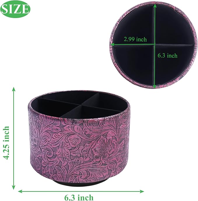 lizimandu Round Leather Art Supply Organizer,Remote Control Holder,360 Degree Spinning,Multi-Functional Pencil Holder,4 Compartments Desktop Stationary Organizer(1-Carved Metal Rose Red)